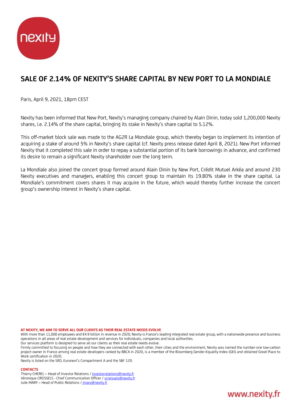 Sale of 2.14% of Nexity's Share Capital by New Port to La
