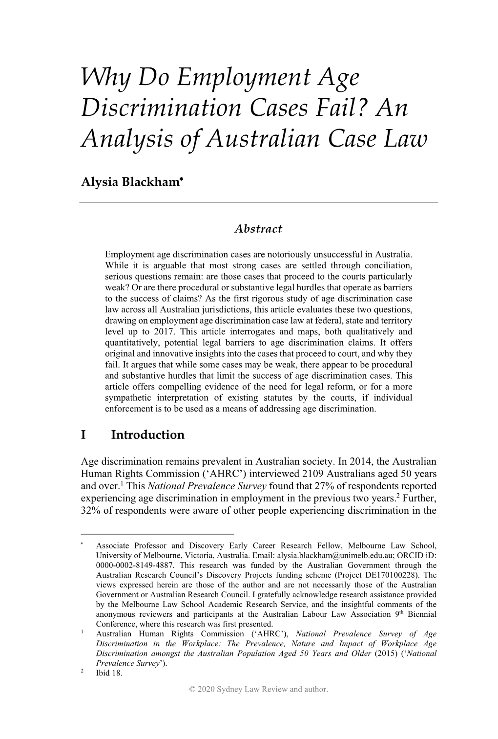 Why Do Employment Age Discrimination Cases Fail? an Analysis of Australian Case Law
