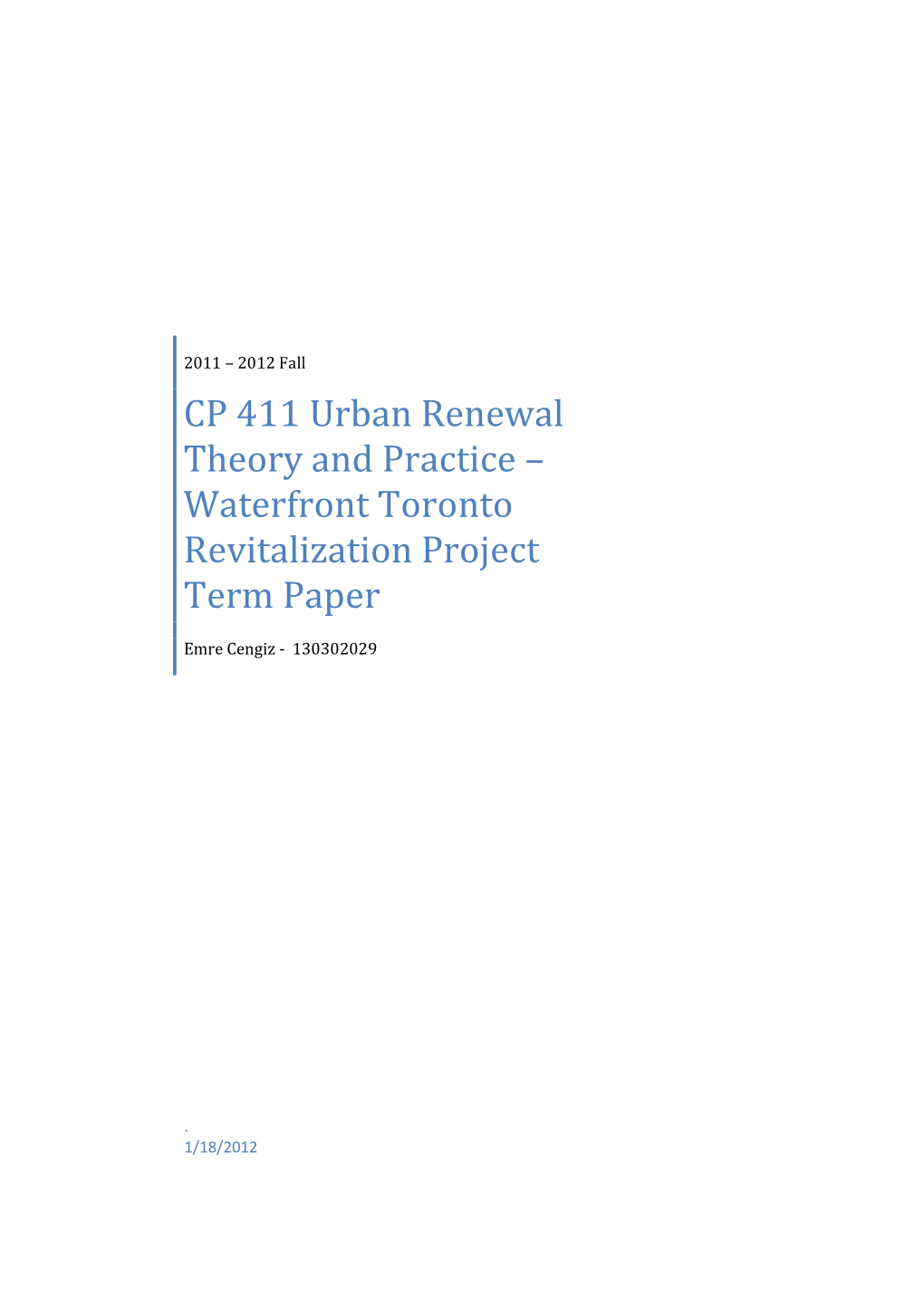 Waterfront Toronto Revitalization Project Term Paper