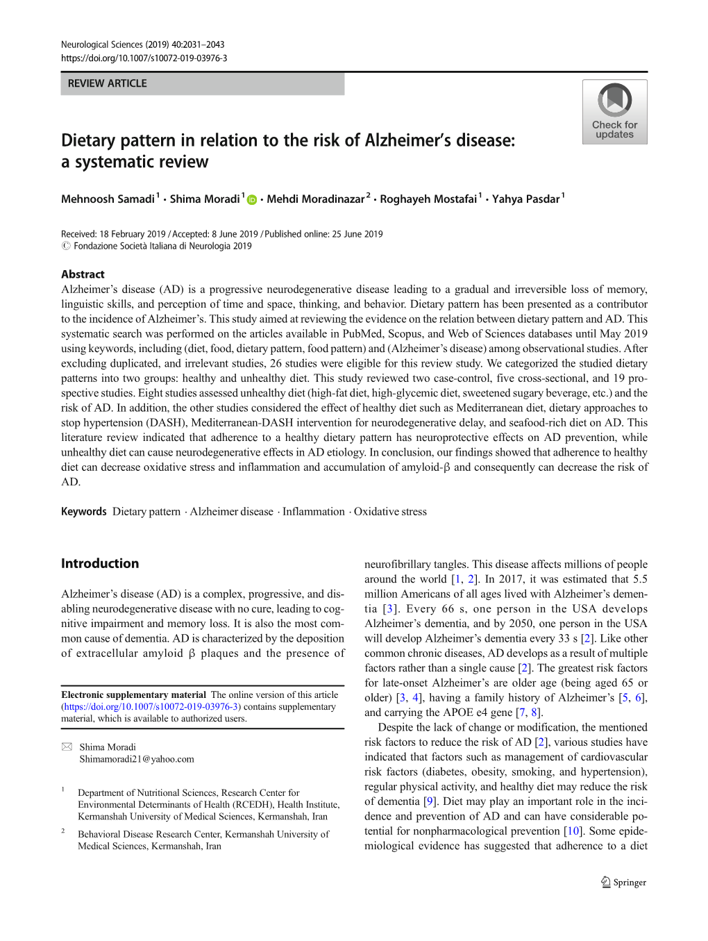 Dietary Pattern in Relation to the Risk of Alzheimer's Disease: a Systematic