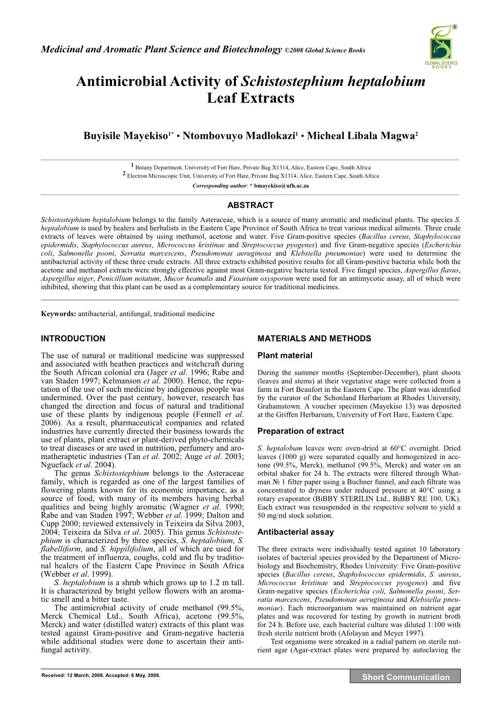 Antimicrobial Activity of Schistostephium Heptalobium Leaf Extracts