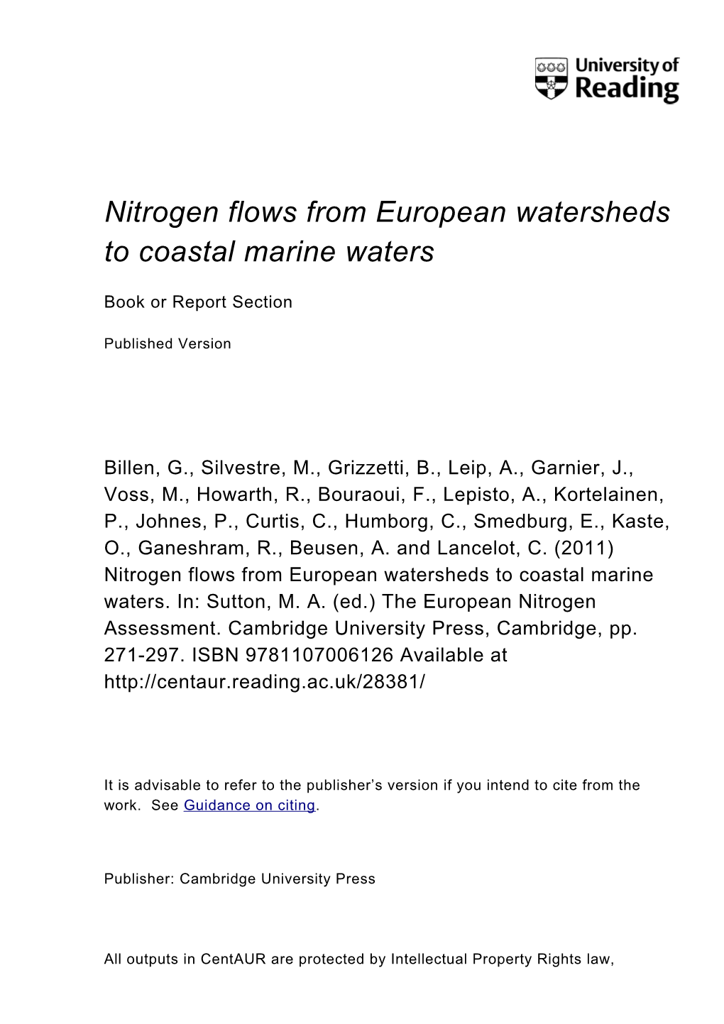 Nitrogen Flows from European Watersheds to Coastal Marine Waters