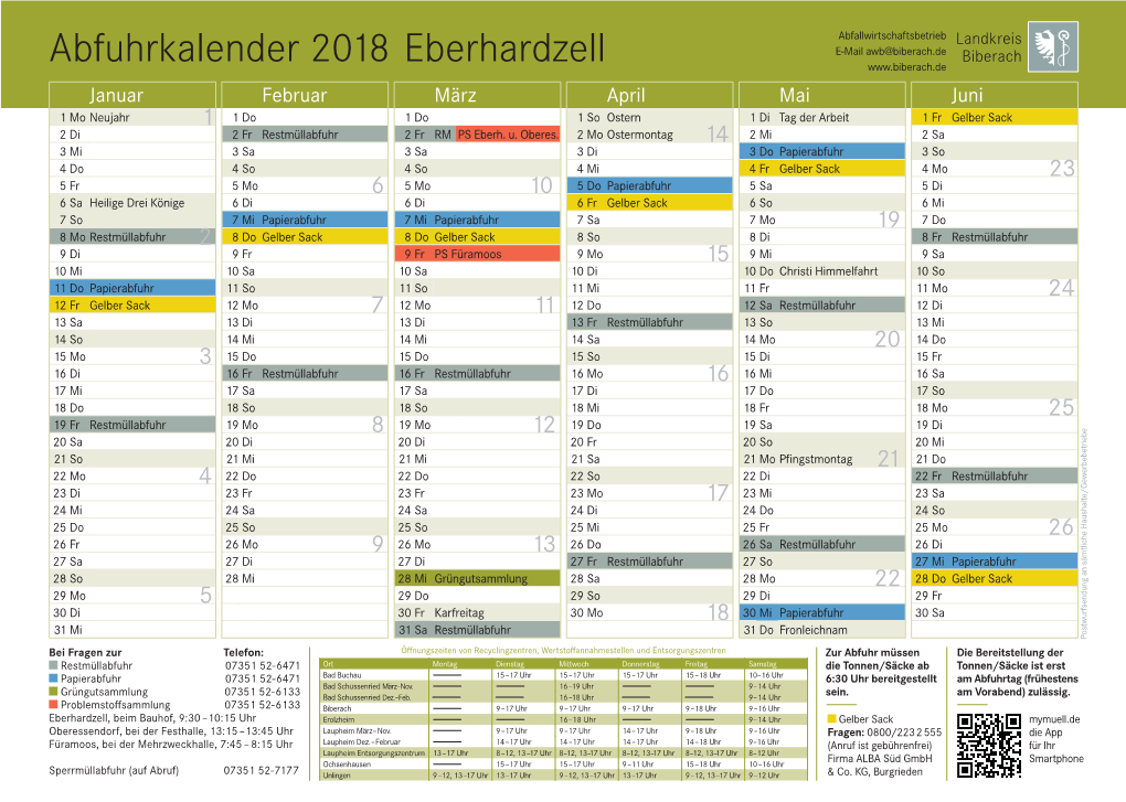 Abfuhrkalender 2018 Eberhardzell