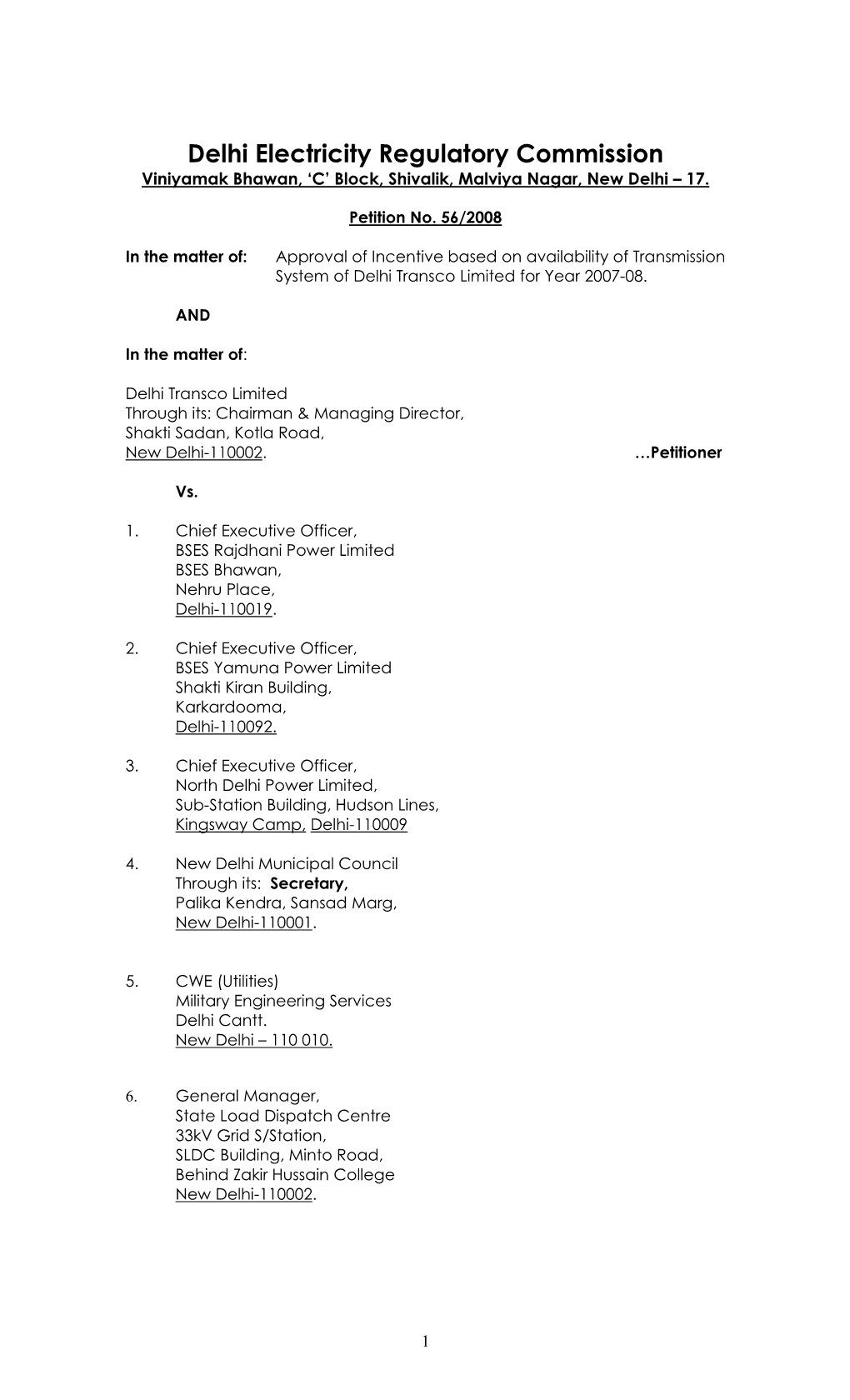 Approval of Incentive Based on Availability of Transmission System of Delhi Transco Limited for Year 2007-08