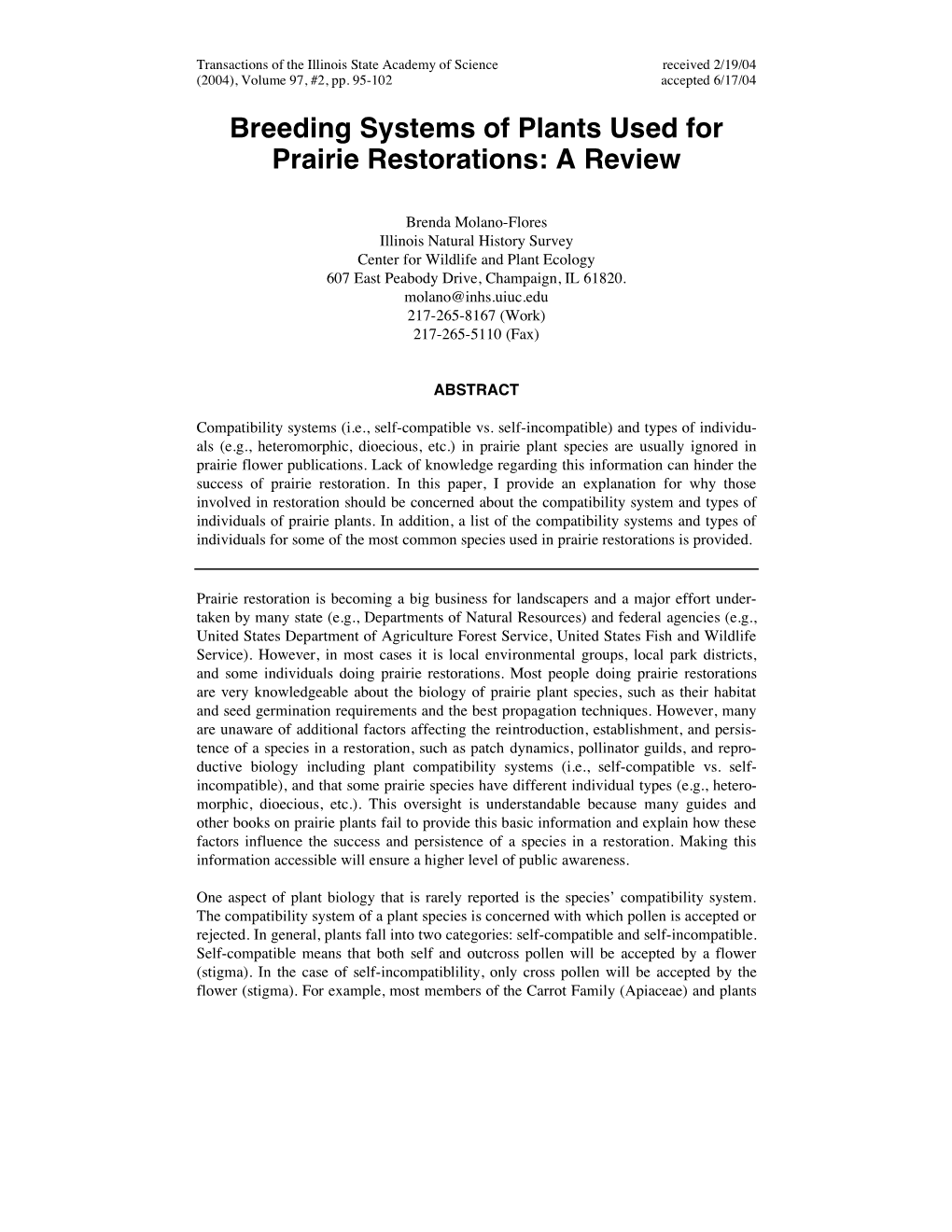 Breeding Systems of Plants Used for Prairie Restorations: a Review