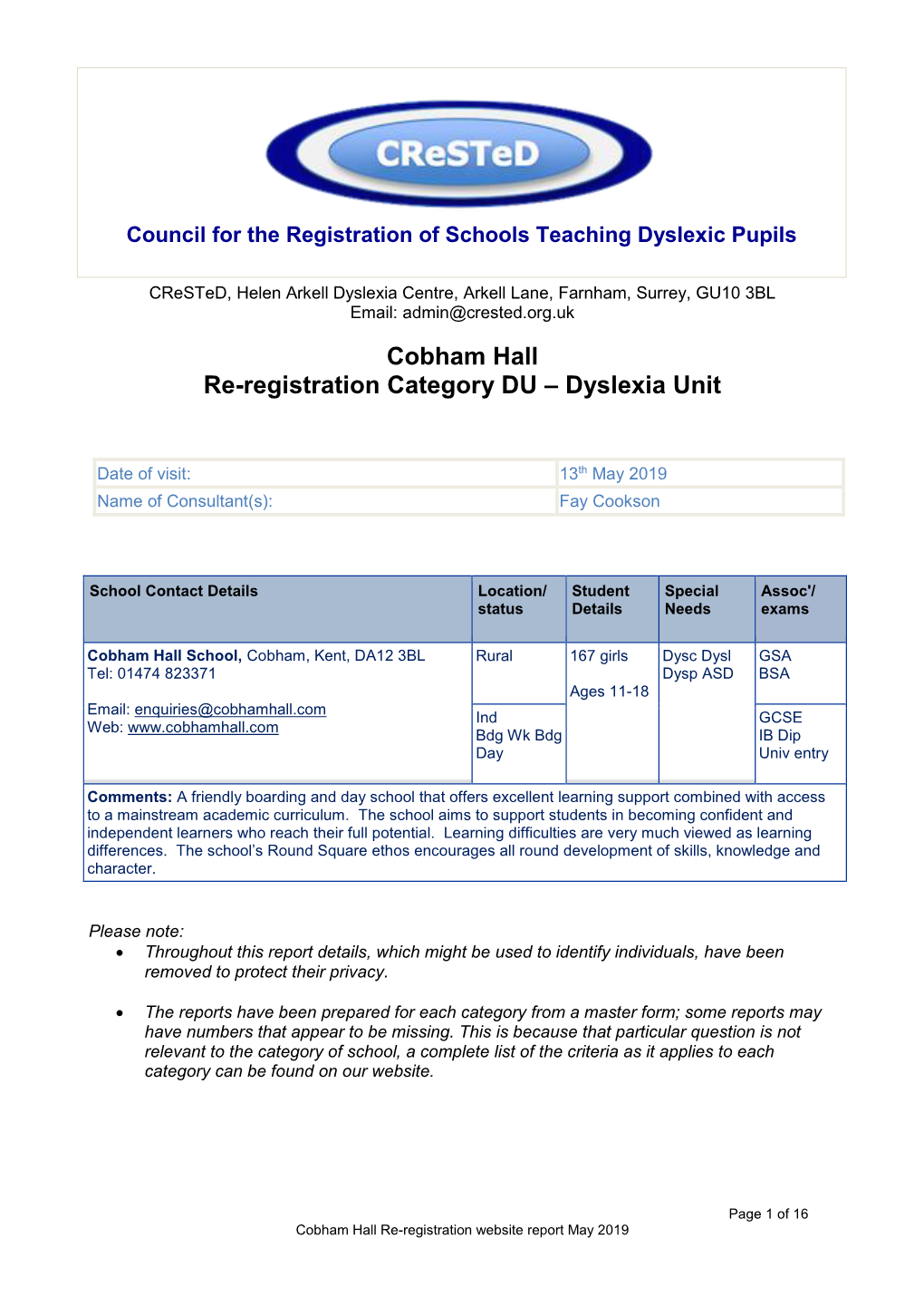 Cobham Hall Re-Registration Category DU – Dyslexia Unit