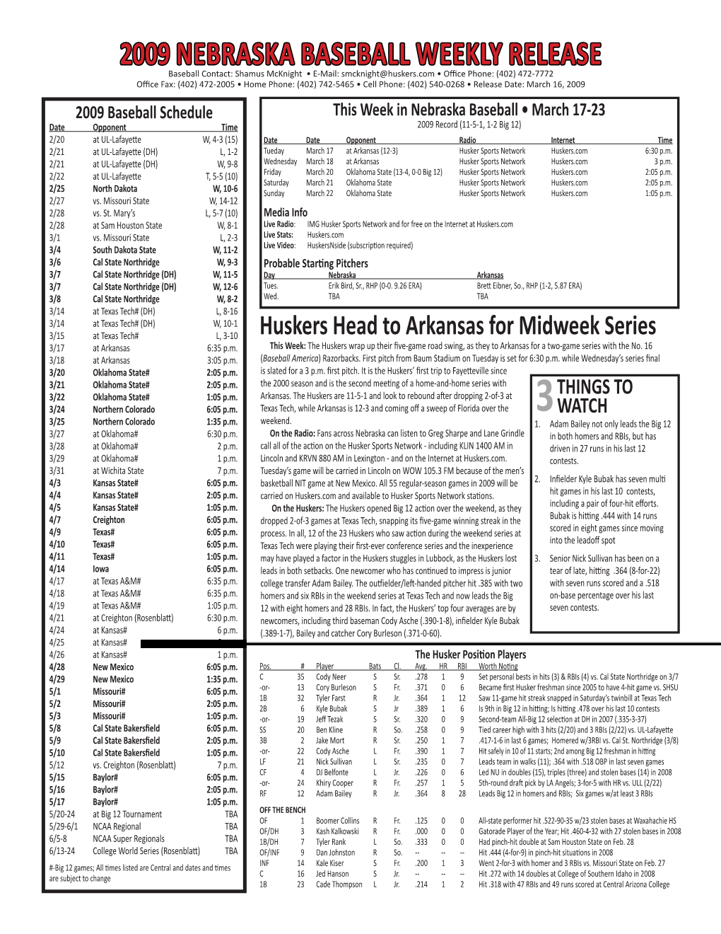 2009 Nebraska Baseball Weekly Release