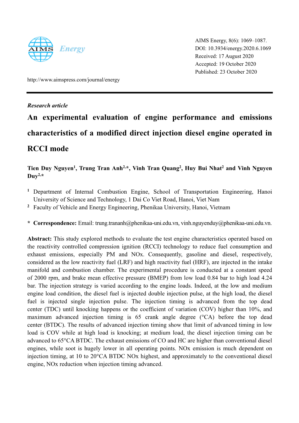 An Experimental Evaluation of Engine Performance and Emissions Characteristics of a Modified Direct Injection Diesel Engine Operated in RCCI Mode