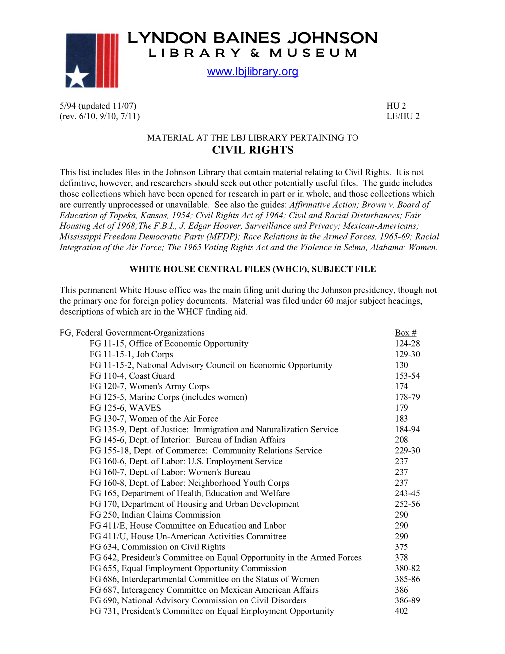 Guide to Material at the LBJ Library Pertaining to Civil Rights
