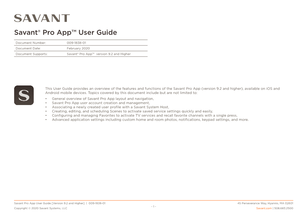 Savant® Pro App™ User Guide