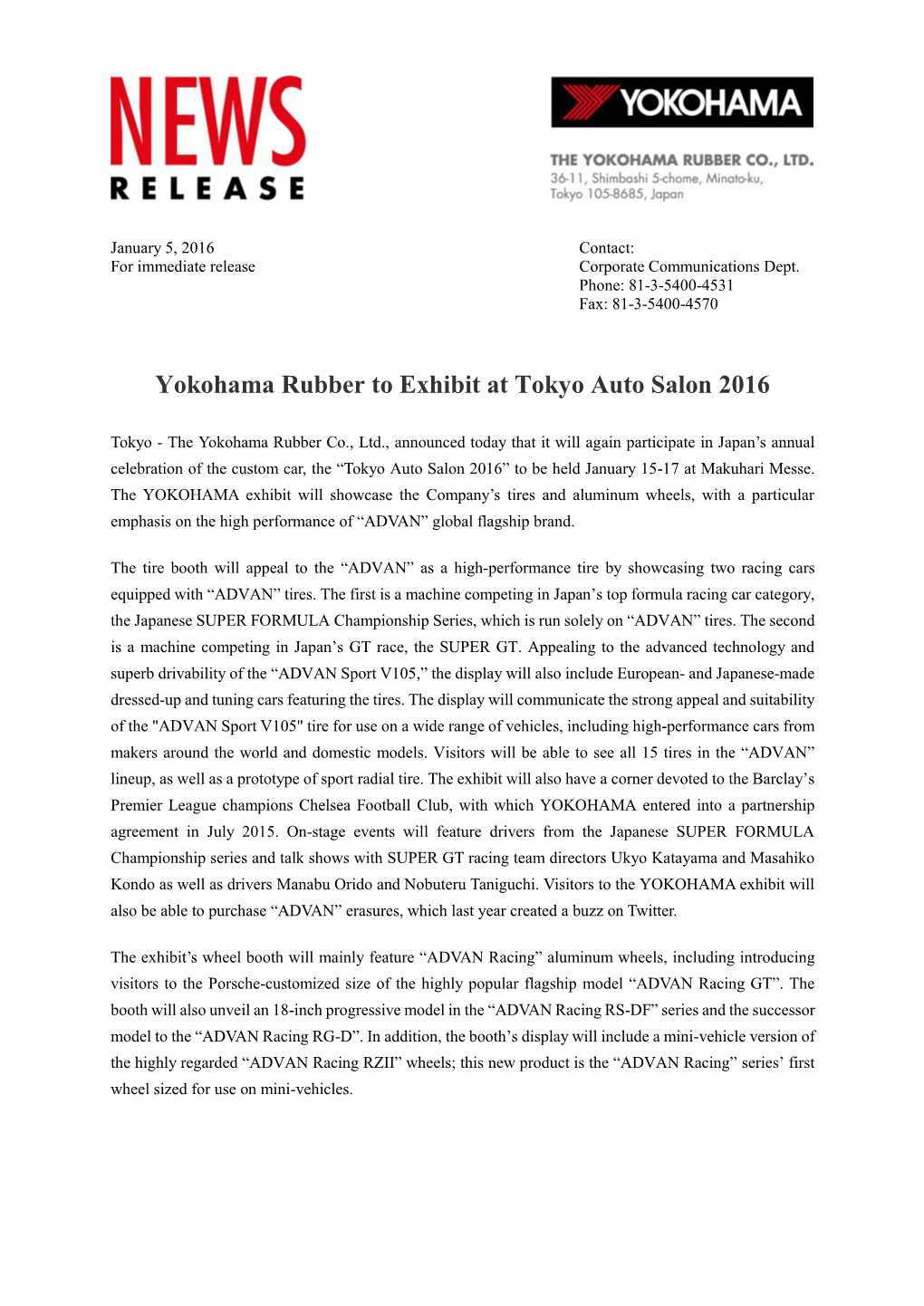 Yokohama Rubber to Exhibit at Tokyo Auto Salon 2016