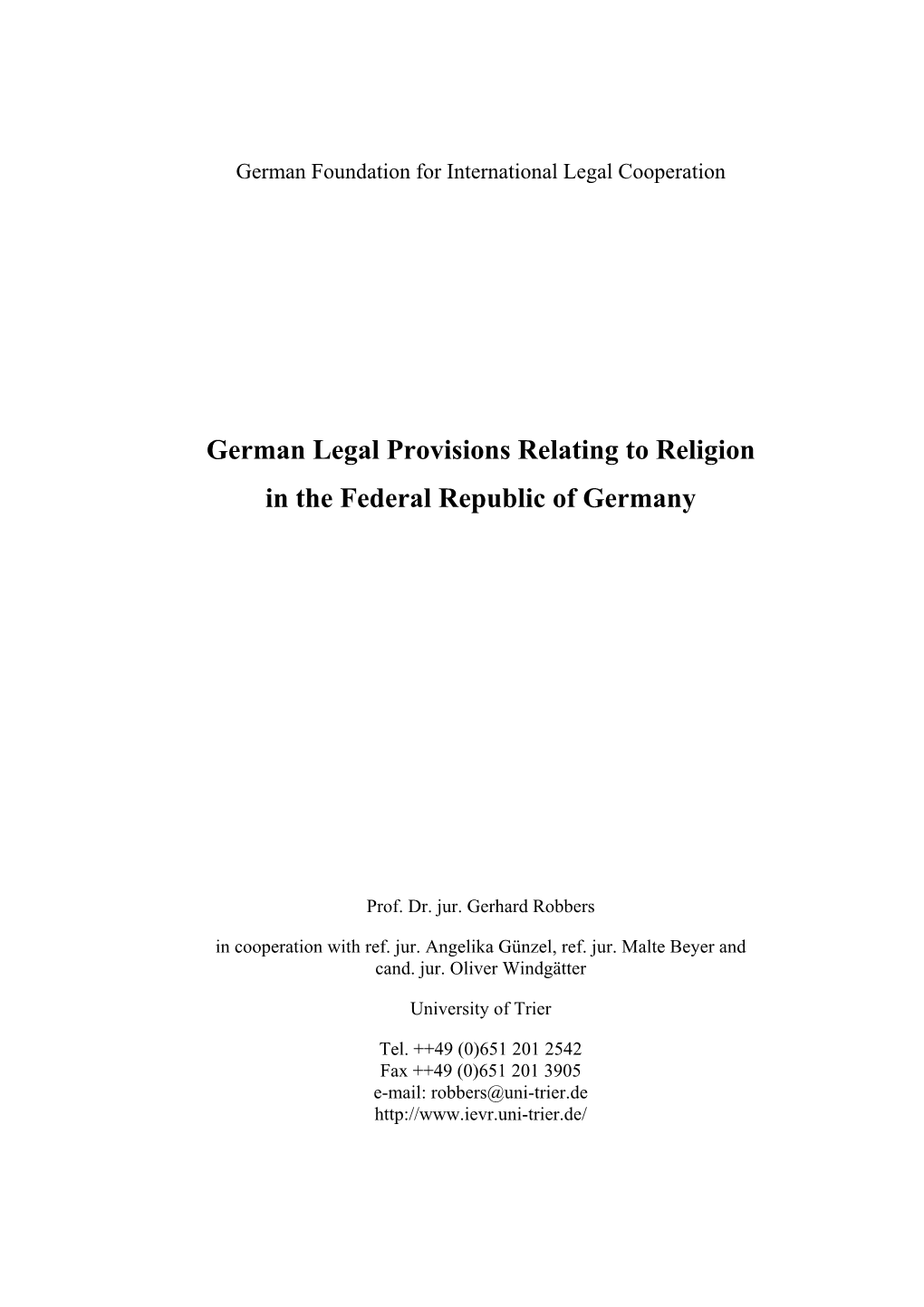 German Legal Provisions Relating to Religion in the Federal Republic of Germany