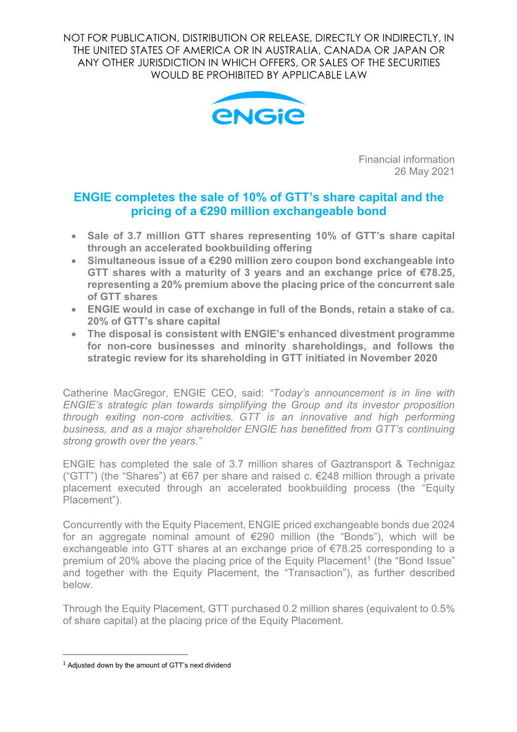 ENGIE Completes the Sale of 10% of GTT's Share Capital and the Pricing