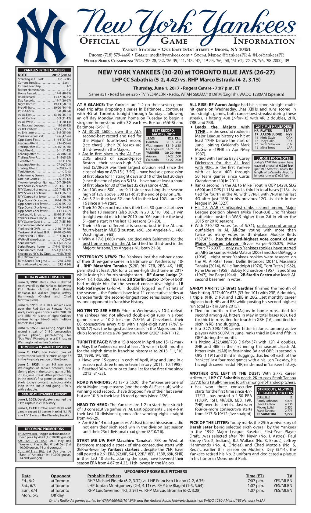 NYY Game Notes