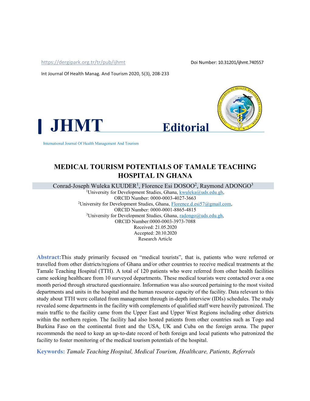 Editorial Internatıonal Journal of Health Management and Tourism