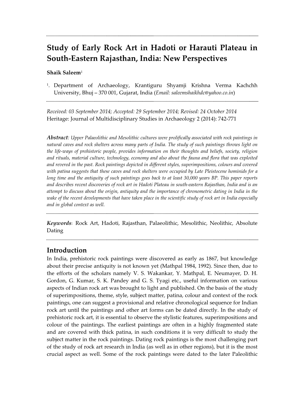 Study of Early Rock Art in Hadoti Or Harauti Plateau in Southeastern