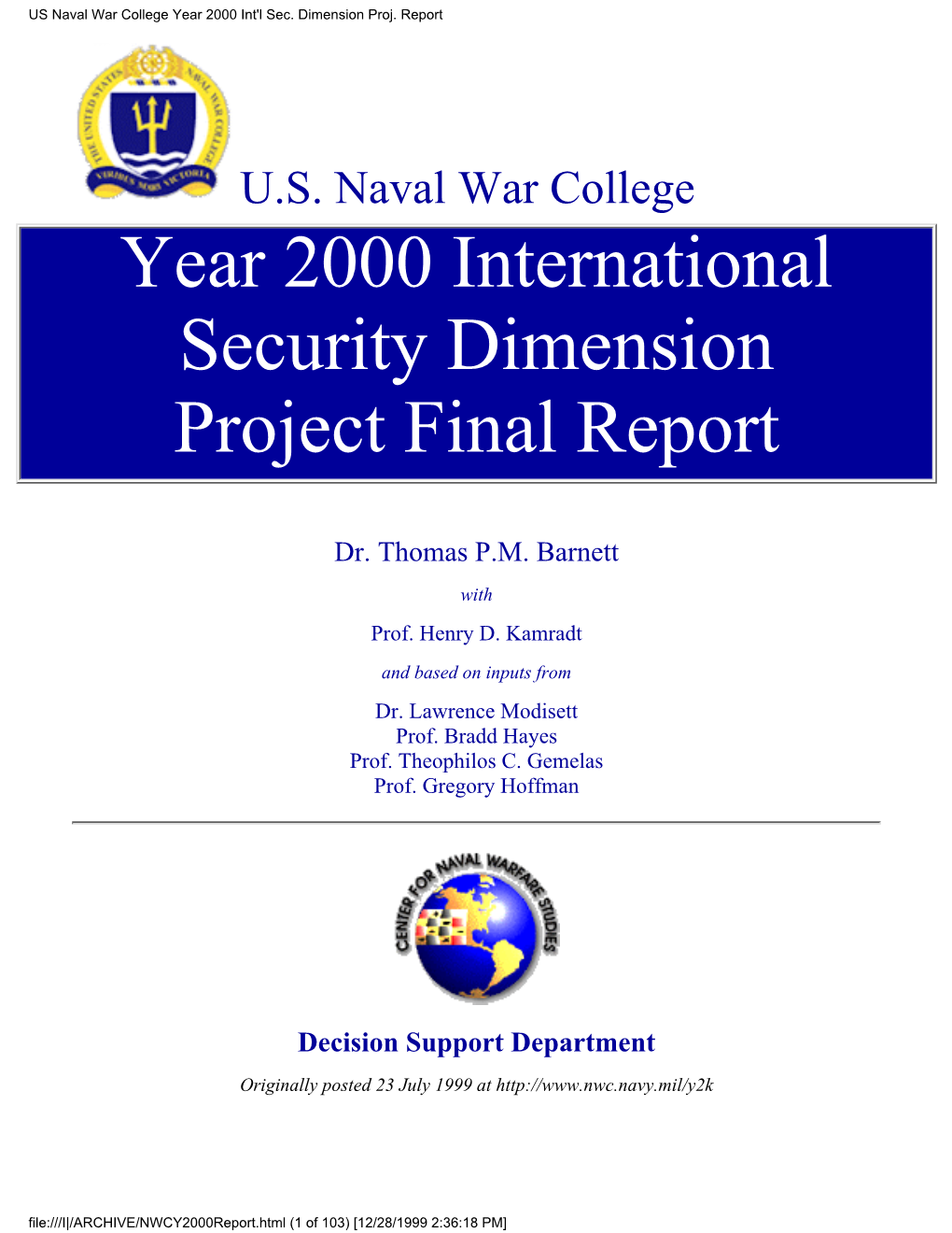 US Naval War College Year 2000 Int'l Sec. Dimension Proj. Report