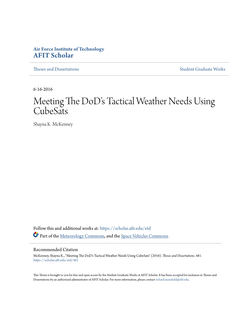Meeting the Dod's Tactical Weather Needs Using Cubesats