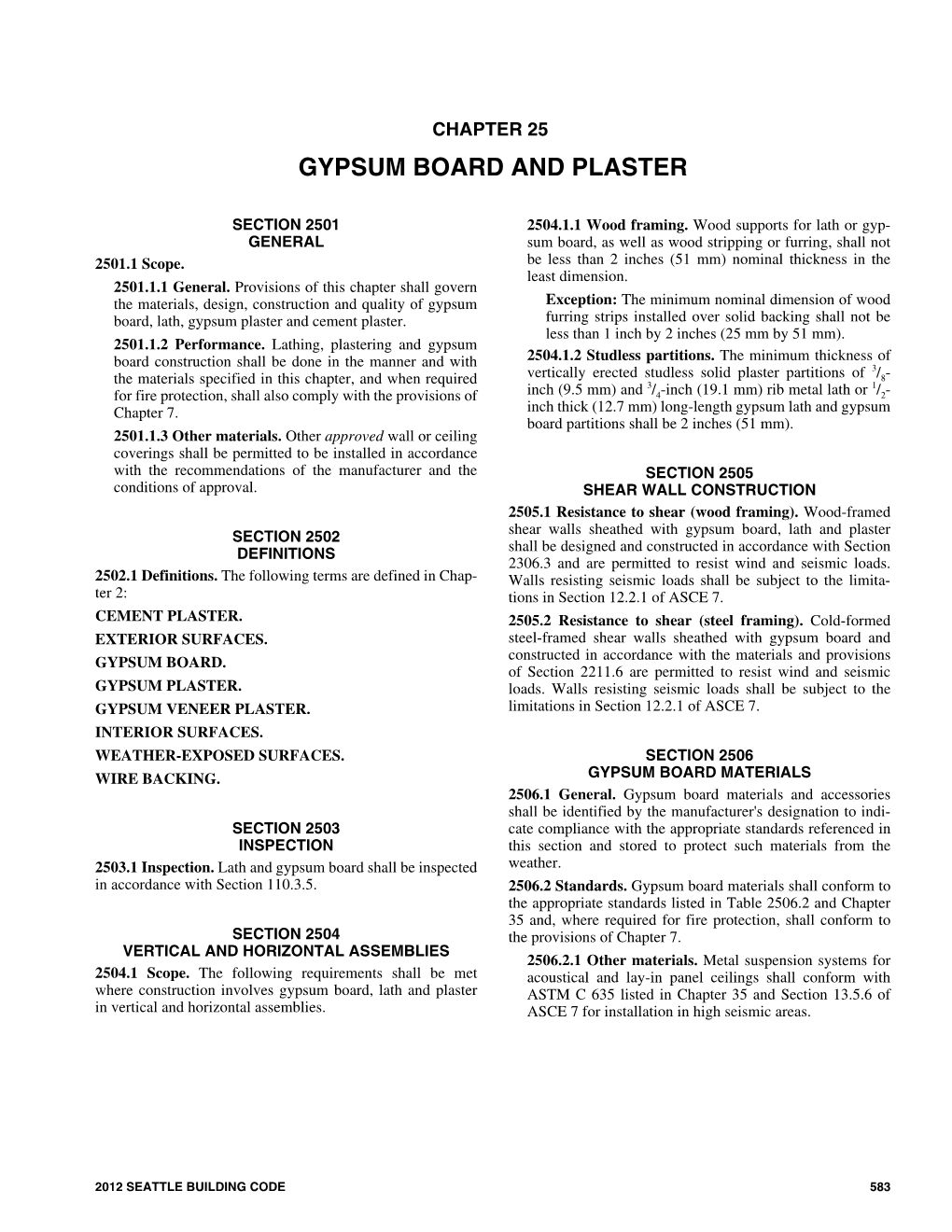 2012 Seattle Building Code, Chapter 25 Gypsum Board and Plaster