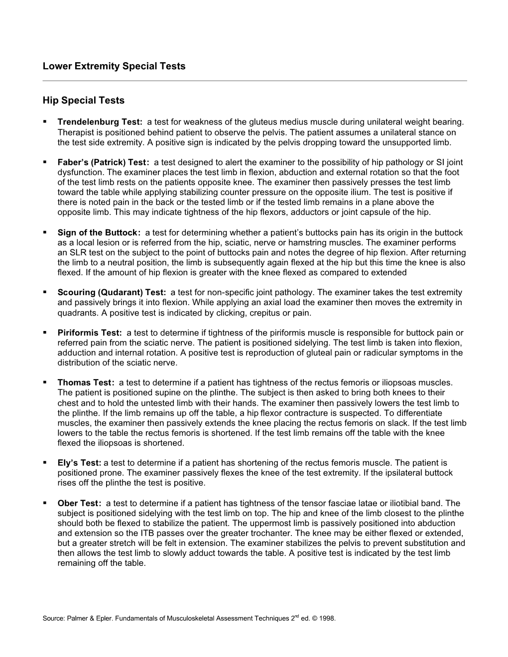 Lower Extremity Special Tests Hip Special Tests