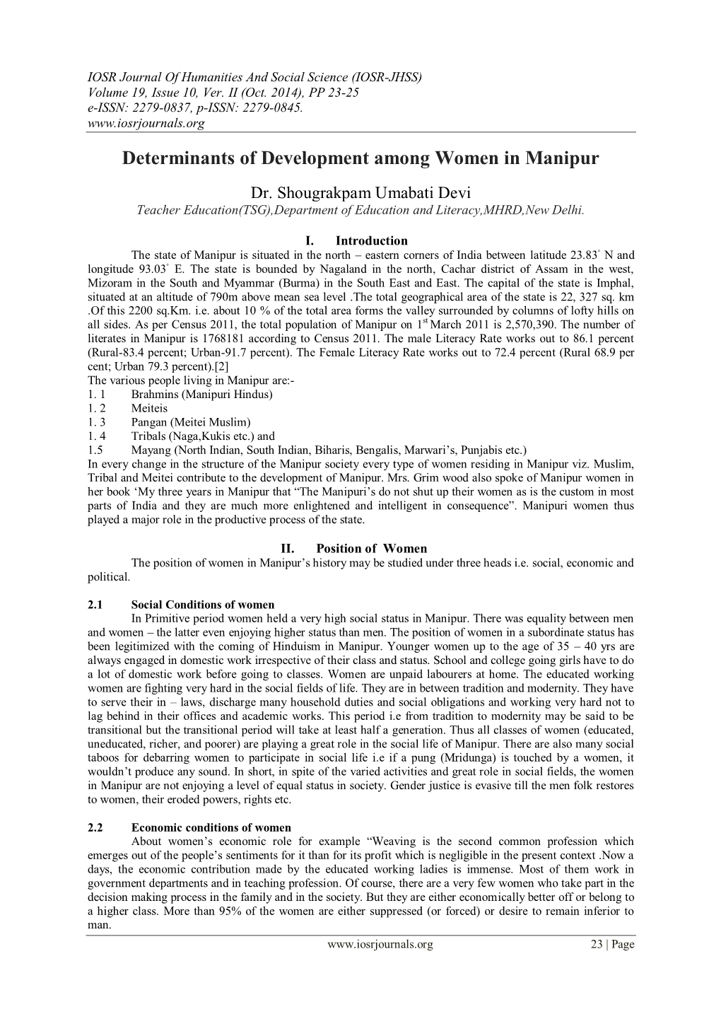 Determinants of Development Among Women in Manipur