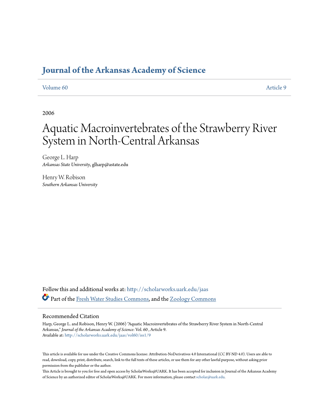 Aquatic Macroinvertebrates of the Strawberry River System in North-Central Arkansas George L