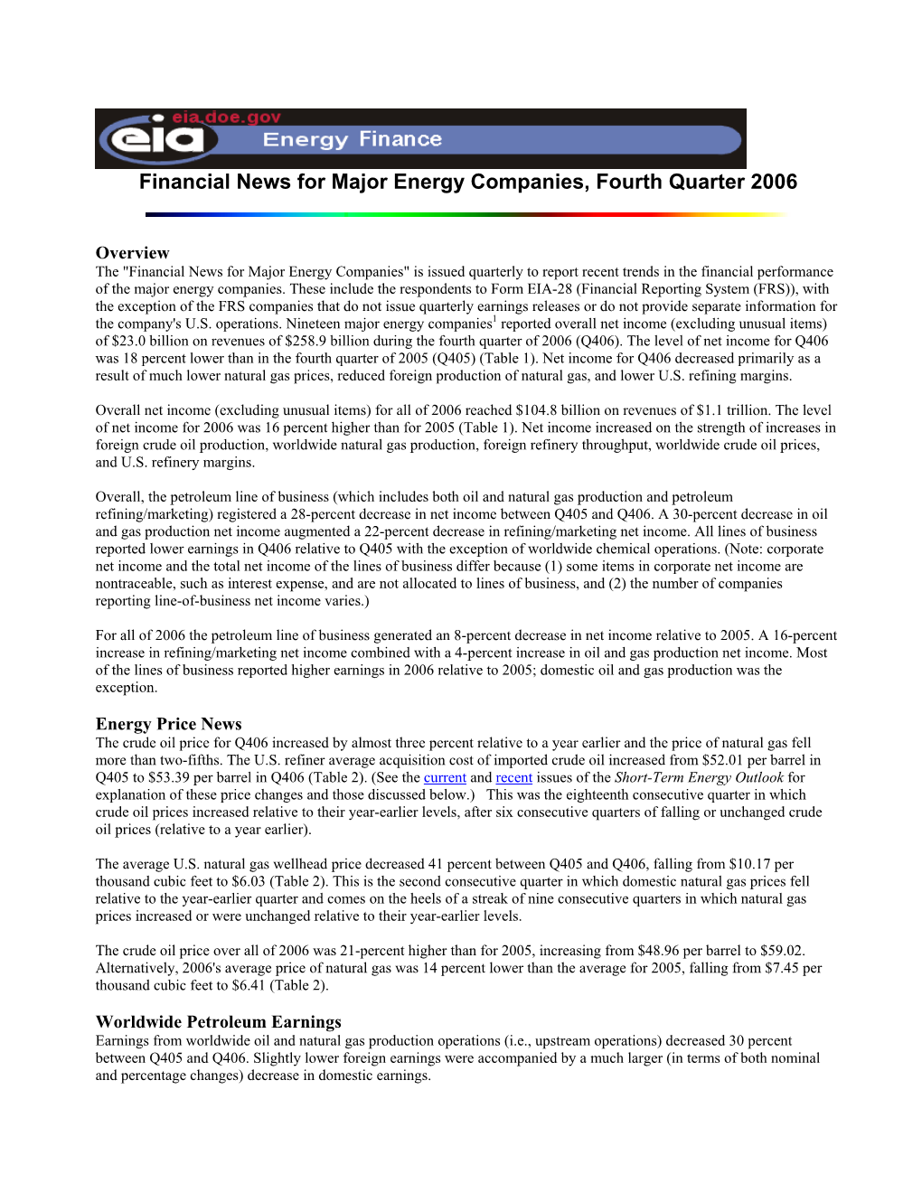 Financial News for Major Energy Companies, Fourth Quarter 2006