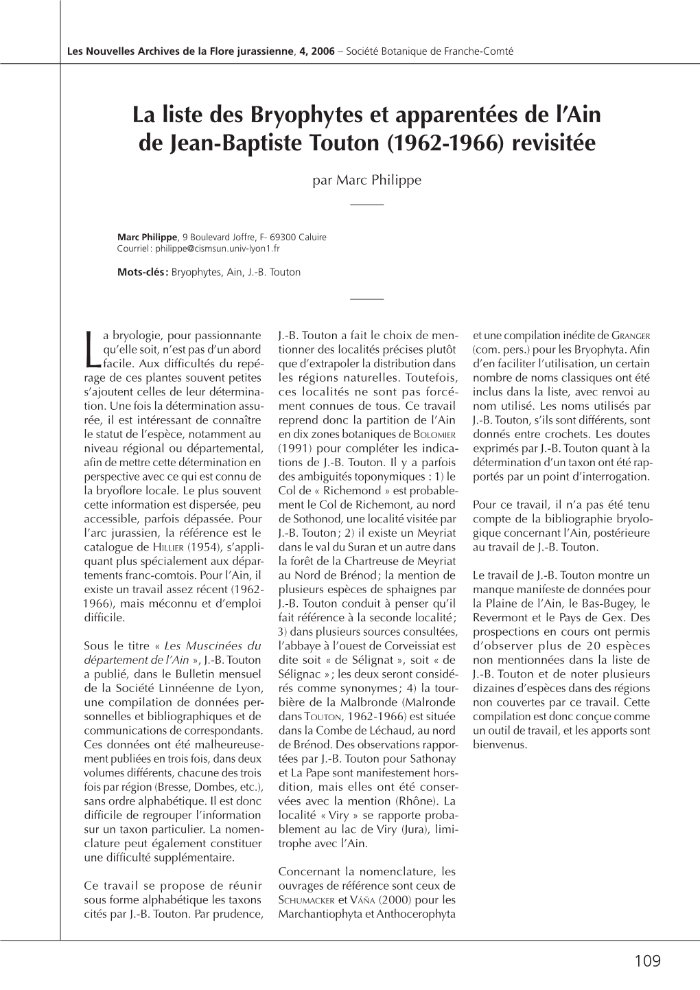 La Liste Des Bryophytes Et Apparentées De L'ain