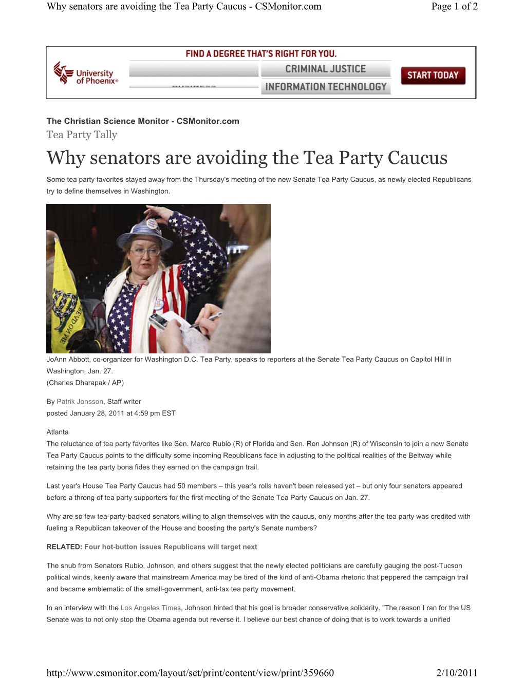 Why Senators Are Avoiding the Tea Party Caucus - Csmonitor.Com Page 1 of 2