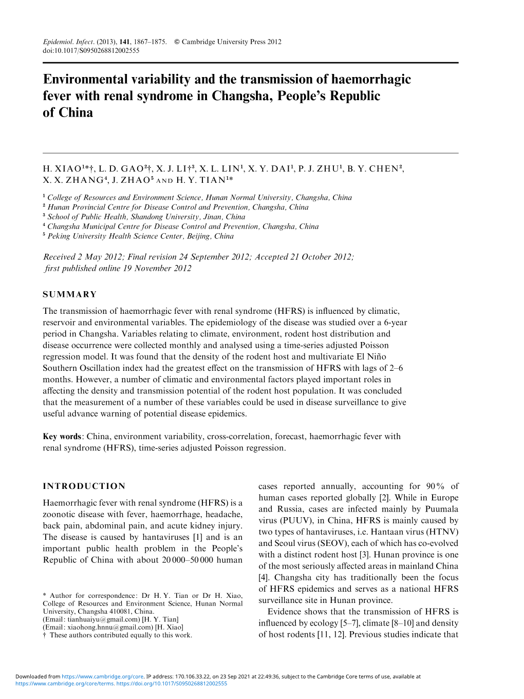 Environmental Variability and the Transmission of Haemorrhagic Fever with Renal Syndrome in Changsha, People’S Republic of China