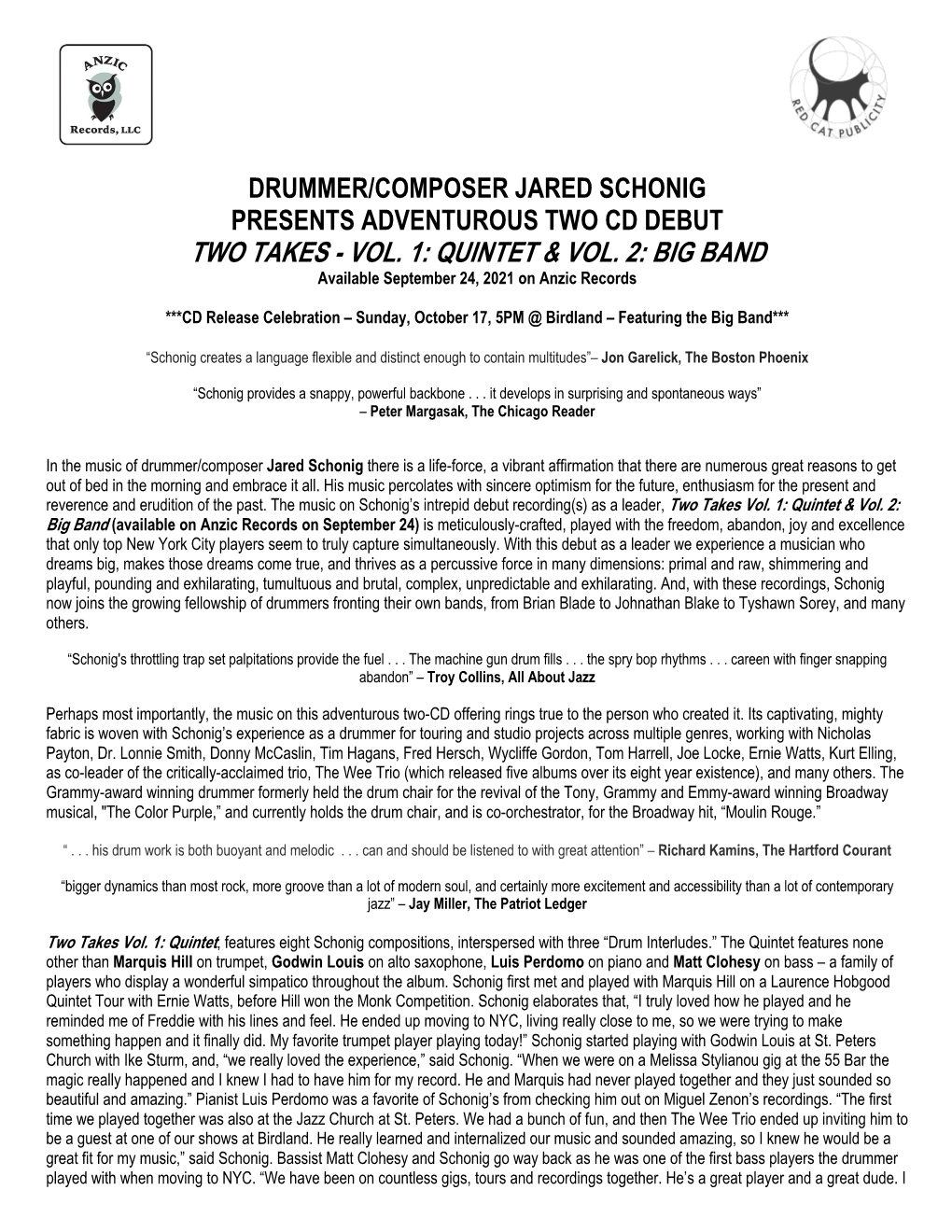 Jared Schonig Two Takes Press Release