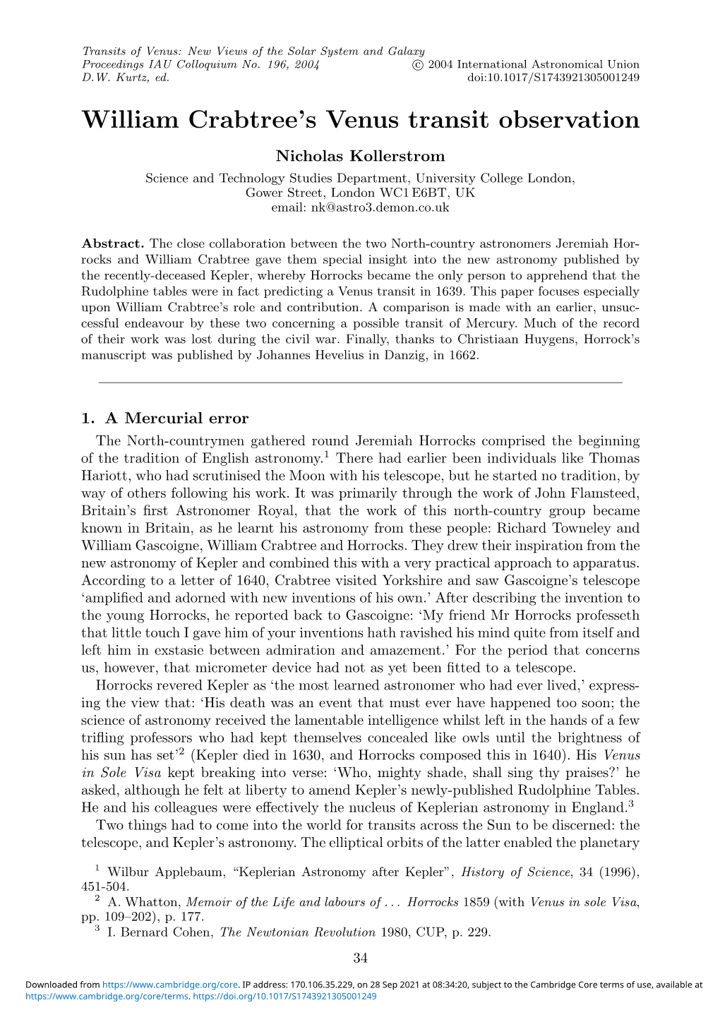 William Crabtree's Venus Transit Observation