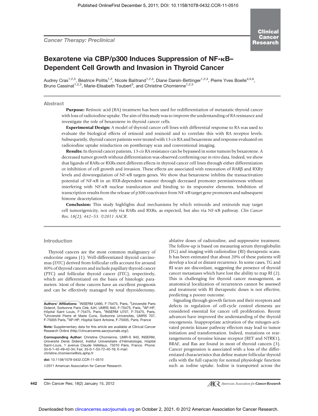 Bexarotene Via CBP/P300 Induces Suppression of NF-Kb– Dependent Cell Growth and Invasion in Thyroid Cancer