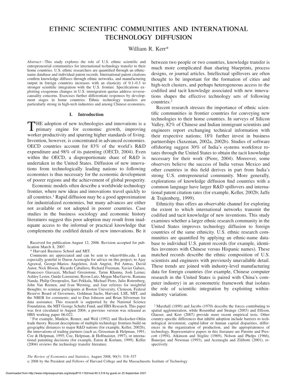 ETHNIC SCIENTIFIC COMMUNITIES and INTERNATIONAL TECHNOLOGY DIFFUSION William R