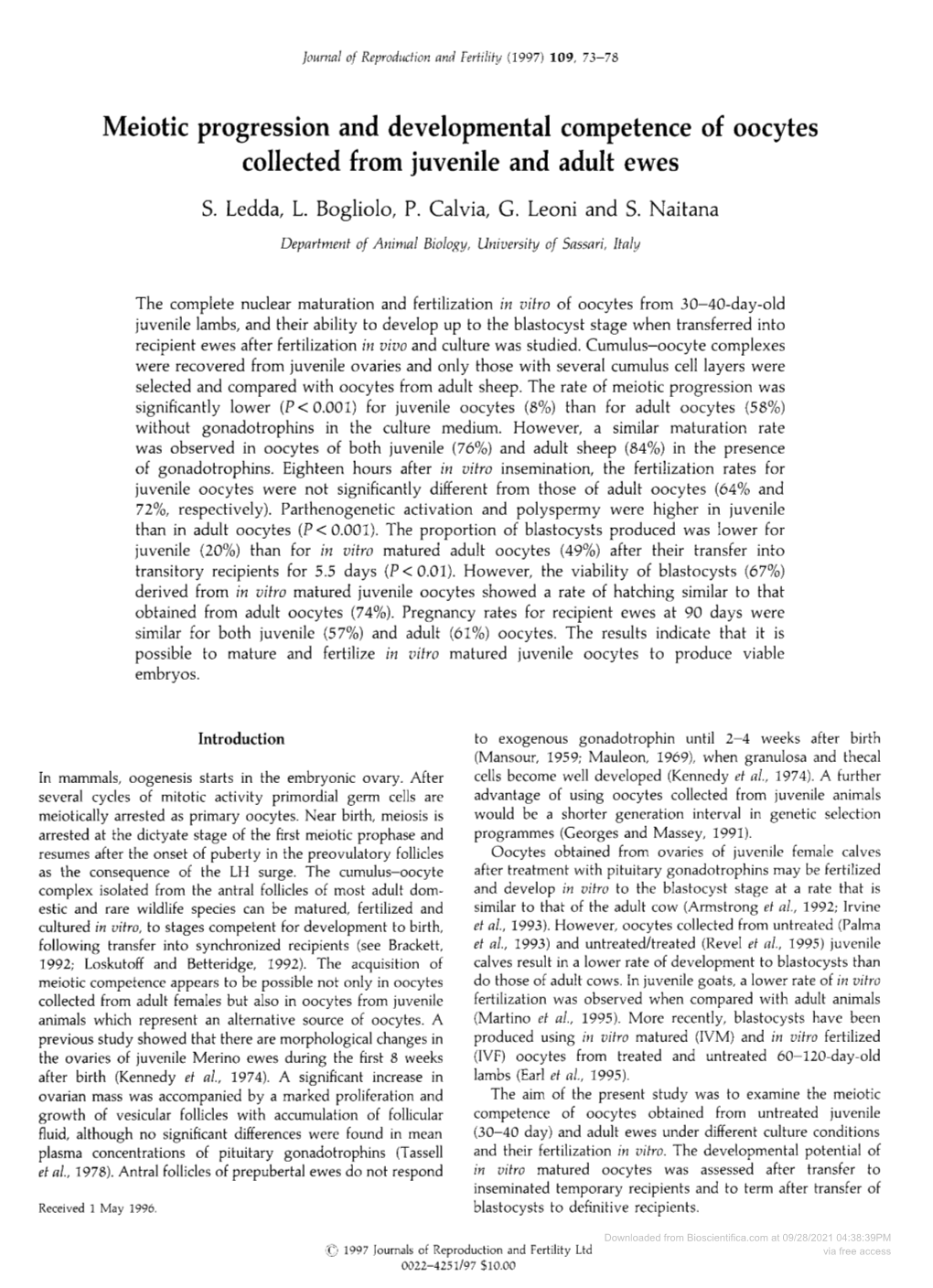 Meiotic Progression and Developmental Competence of Oocytes Collected from Juvenile and Adult Ewes S