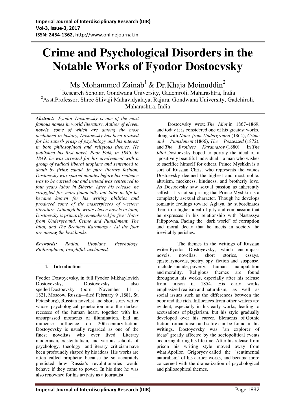 Crime and Psychological Disorders in the Notable Works of Fyodor Dostoevsky