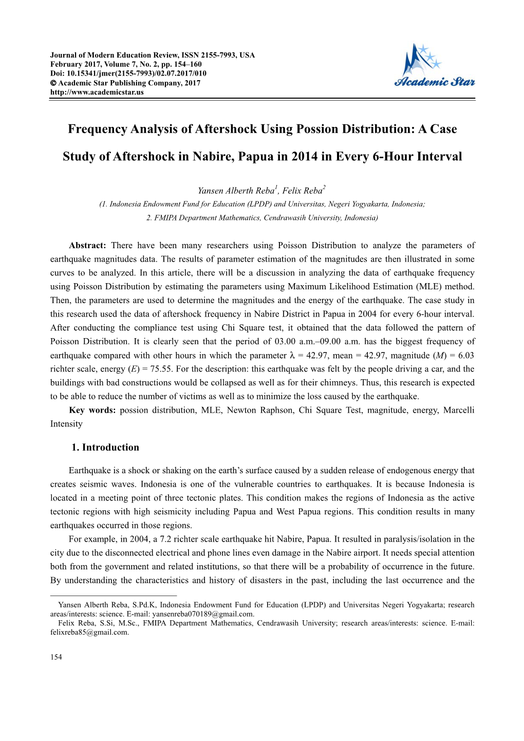 Frequency Analysis of Aftershock Using Possion Distribution: a Case