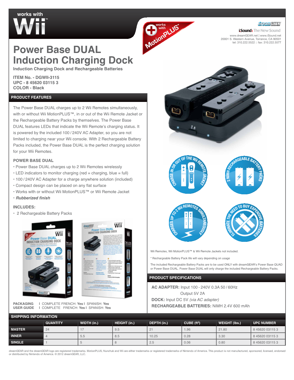 Power Base DUAL Induction Charging Dock Induction Charging Dock and Rechargeable Batteries ITEM No