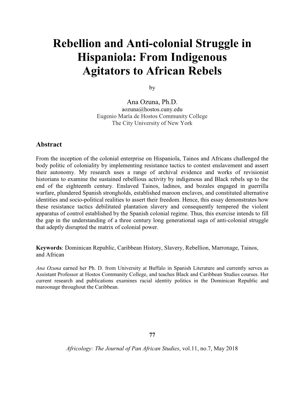 Rebellion and Anti-Colonial Struggle in Hispaniola: from Indigenous Agitators to African Rebels