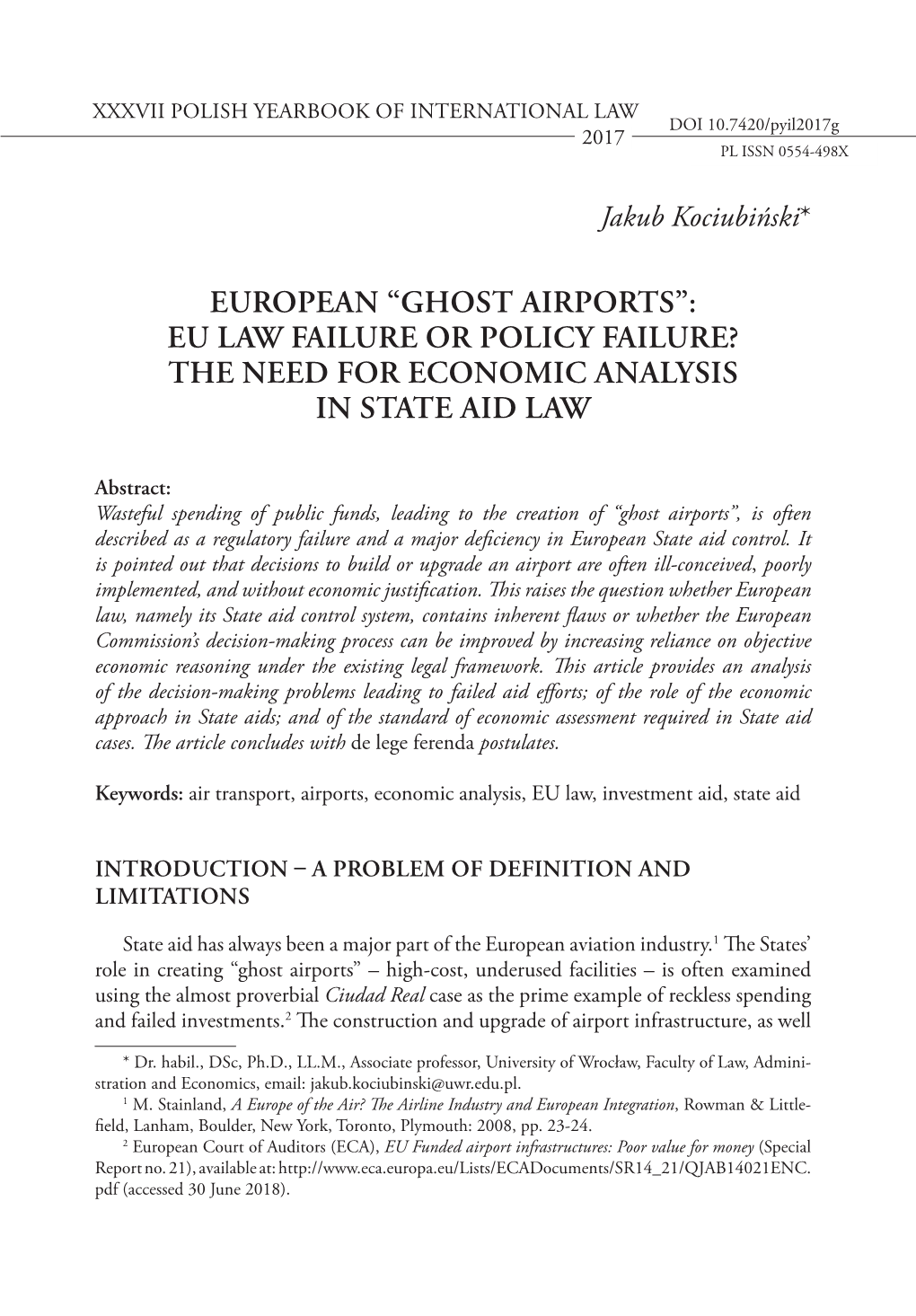 European “Ghost Airports”: EU Law Failure Or Policy Failure? the Need for Economic Analysis in State Aid Law