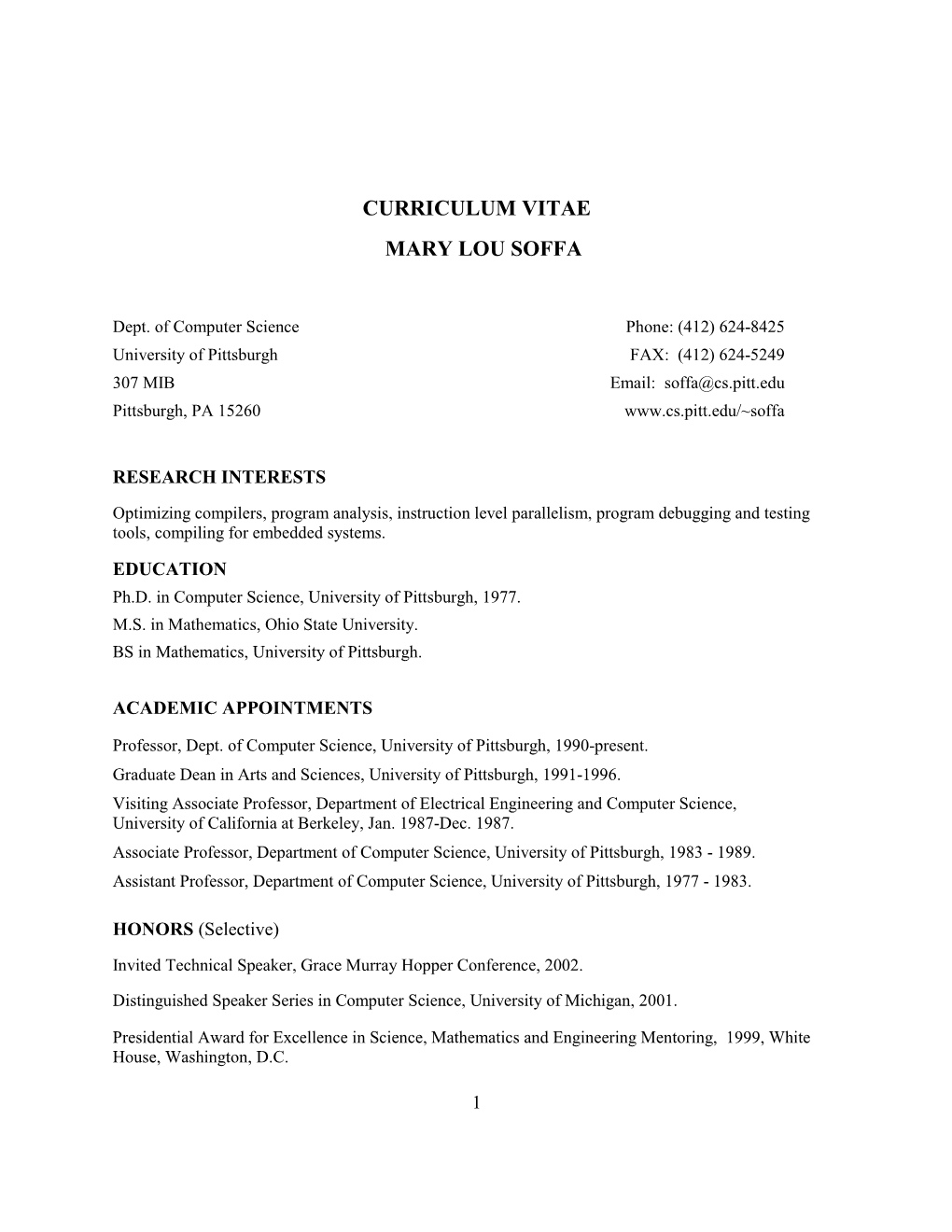 Curriculum Vitae Mary Lou Soffa