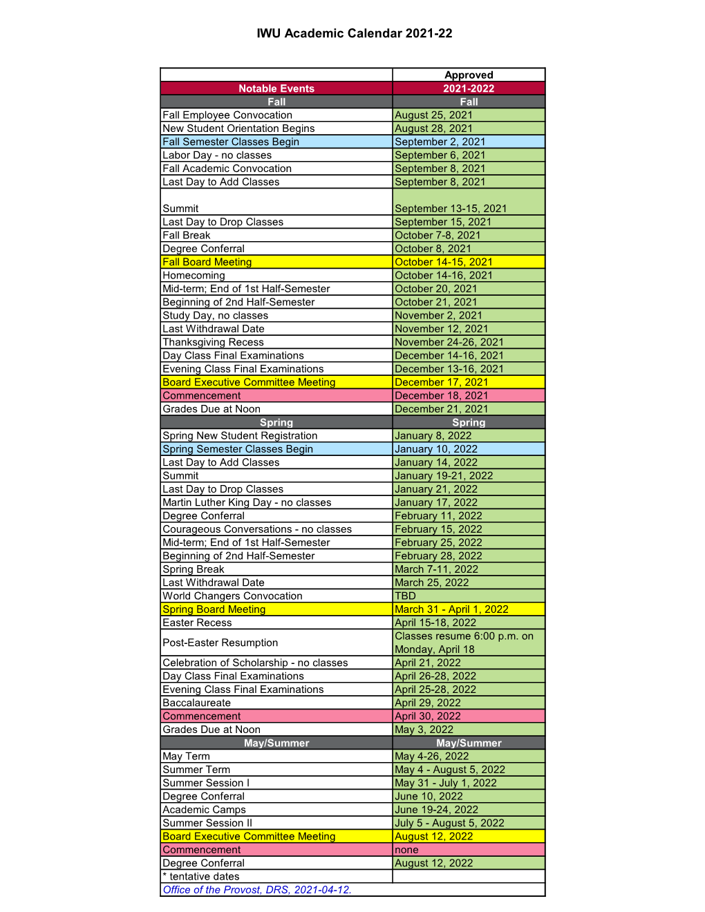 IWU Academic Calendar 2021-22