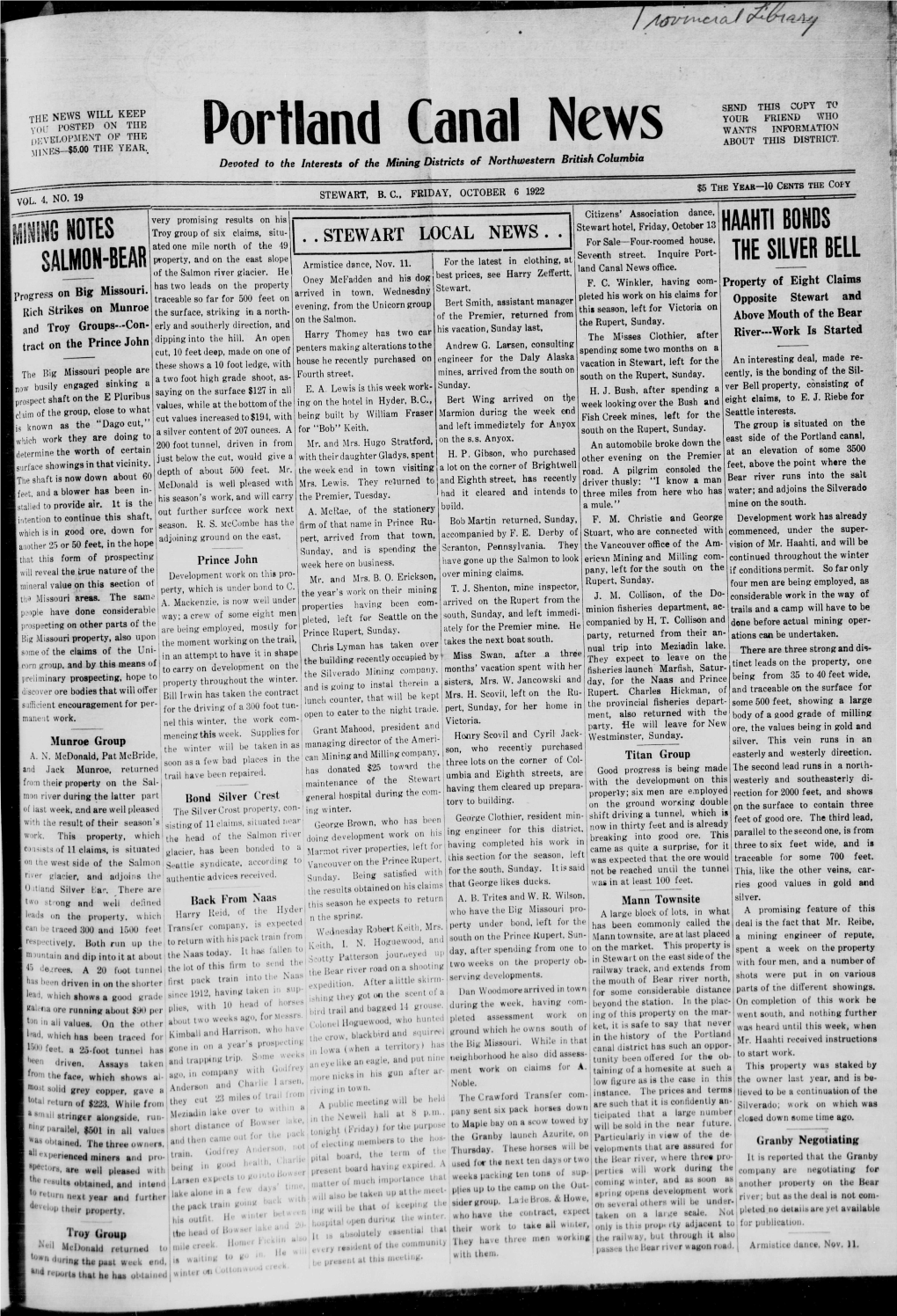 Portland Canal News Devoted to the Interests of the Mining Districts of Northwestern British Columbia