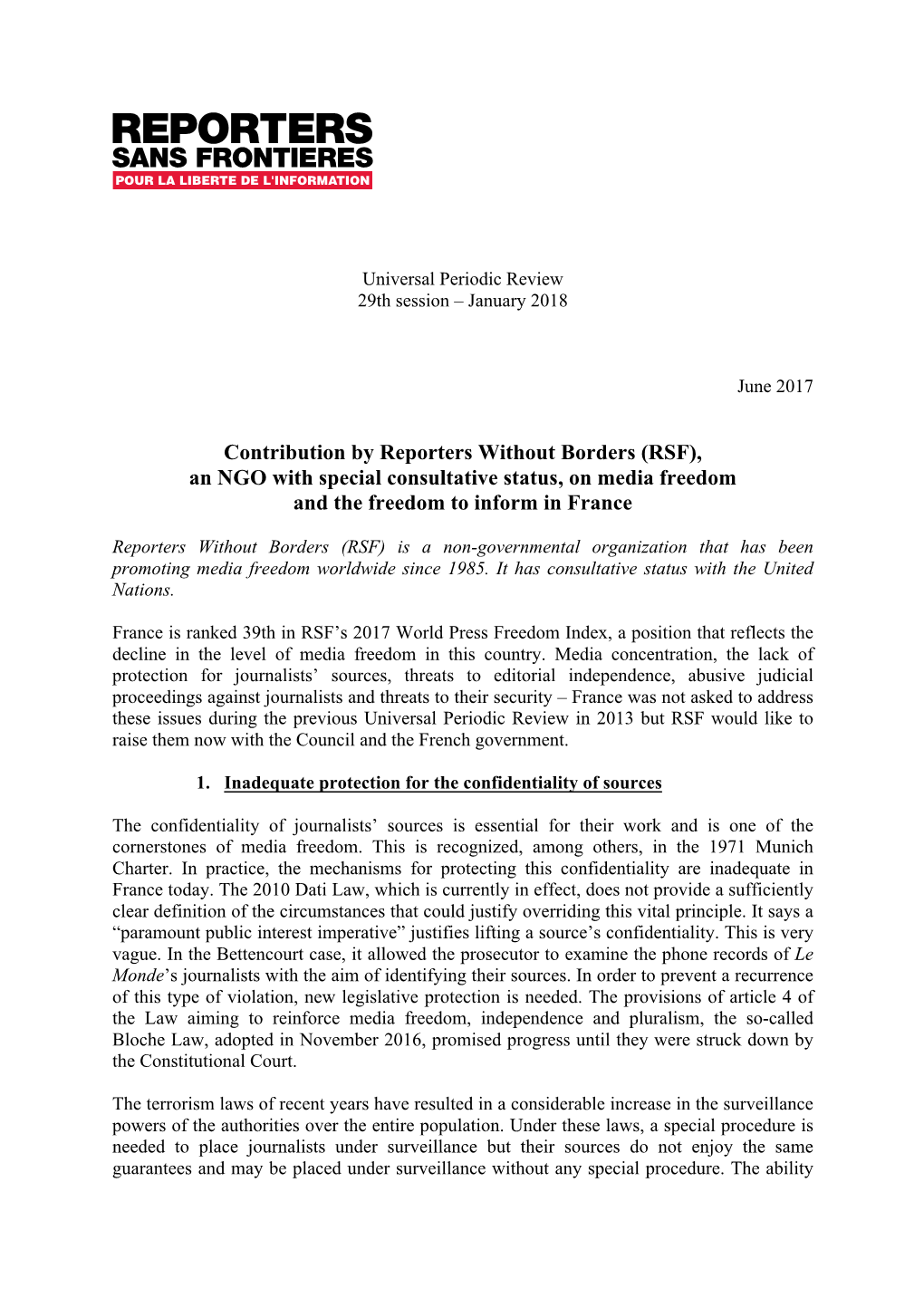 Contribution by Reporters Without Borders (RSF), an NGO with Special Consultative Status, on Media Freedom and the Freedom to Inform in France