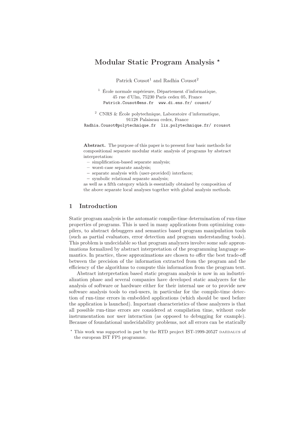 Modular Static Program Analysis ⋆