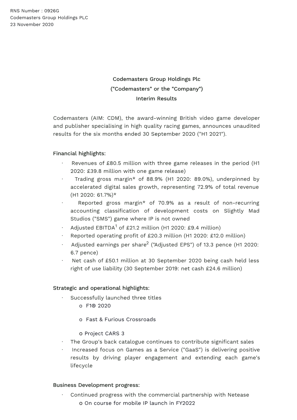 Interim Results Codemasters