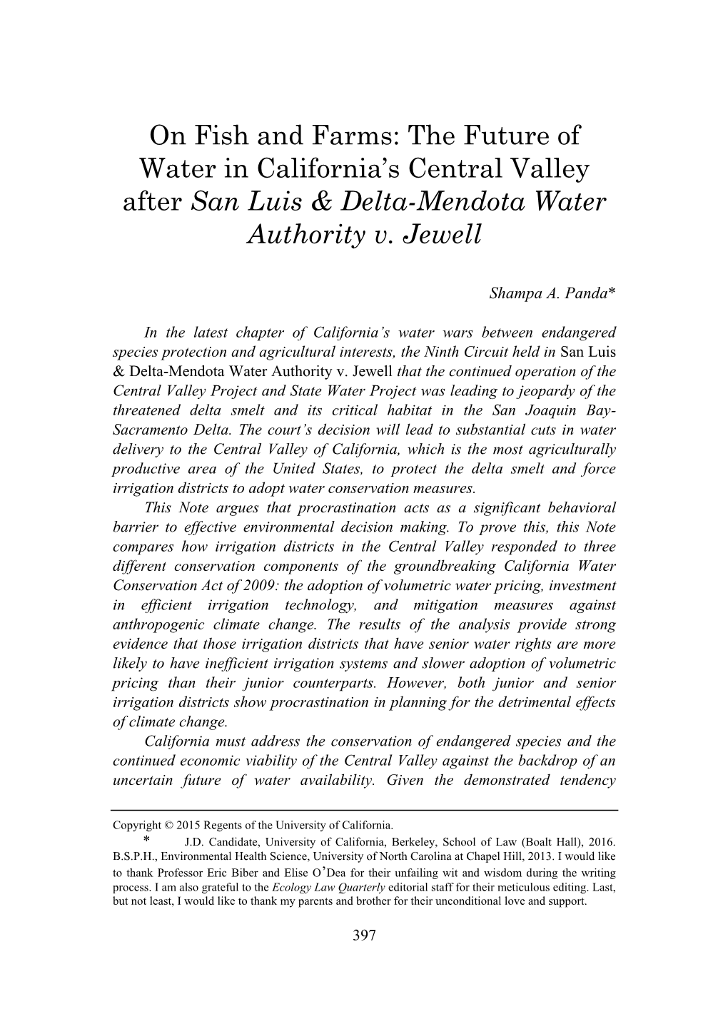 On Fish and Farms: the Future of Water in California’S Central Valley After San Luis & Delta-Mendota Water Authority V