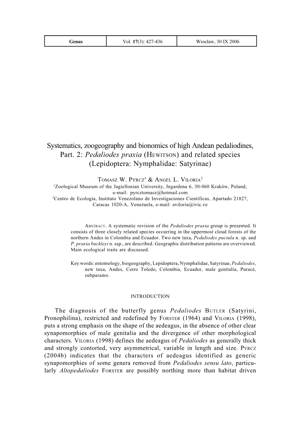 Pedaliodes Praxia (HEWITSON) and Related Species (Lepidoptera: Nymphalidae: Satyrinae)