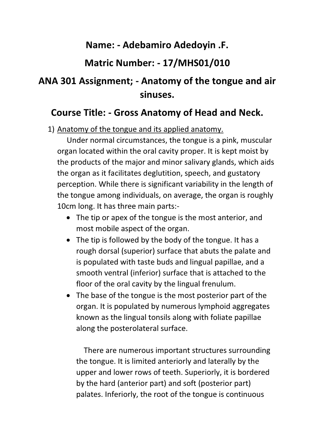 17/MHS01/010 ANA 301 Assignment; - Anatomy of the Tongue and Air Sinuses