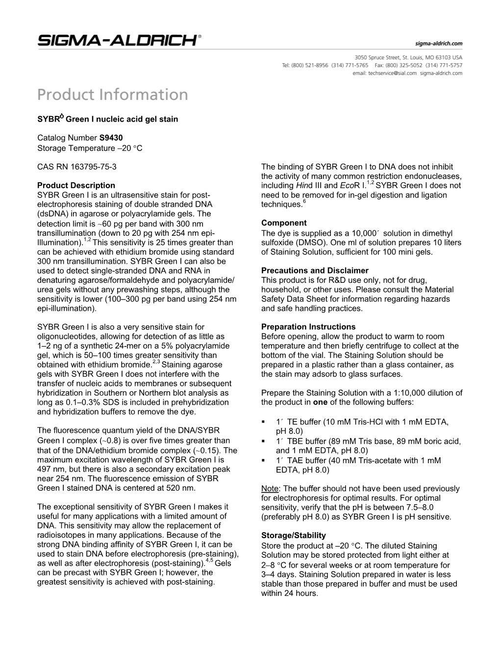 SYBR Green I Nucleic Acid Gel Stain (S9430)